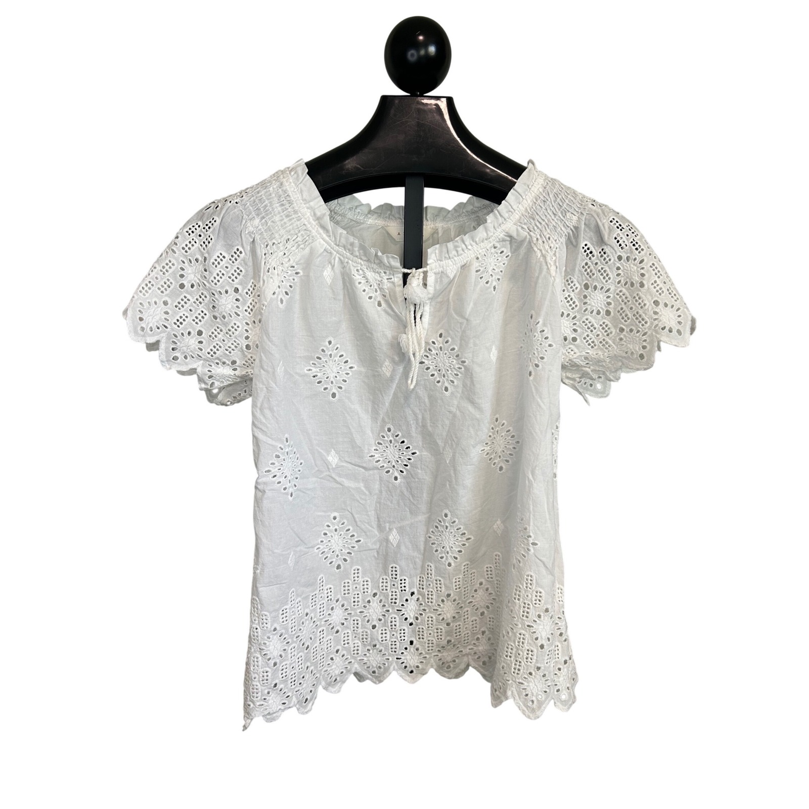 Adiva White Cotton Eyelet Blouse Tassel Tie Smocked Short Sleeve Top Small